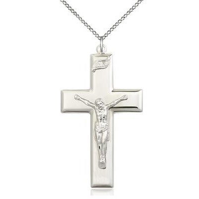 Crucifix Medal Necklace - Sterling Silver - 1-7/8 Inch Tall x 1 Inch Wide with 18" Chain