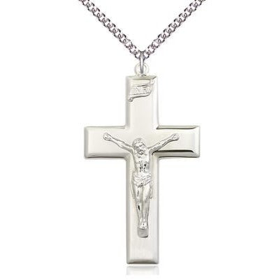 Crucifix Medal Necklace - Sterling Silver - 1-7/8 Inch Tall x 1 Inch Wide with 24" Chain