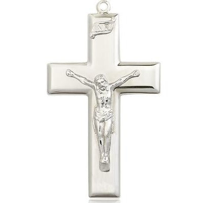 Crucifix Medal Necklace - Sterling Silver - 1-7/8 Inch Tall x 1 Inch Wide with 18" Chain