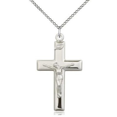Crucifix Medal Necklace - Sterling Silver - 1-3/8 Inch Tall x 3/4 Inch Wide with 18" Chain