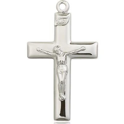 Crucifix Medal Necklace - Sterling Silver - 1-3/8 Inch Tall x 3/4 Inch Wide with 18" Chain