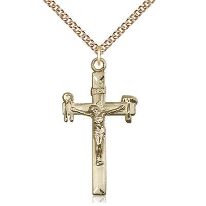 Crucifix Medal Necklace - 14K Gold - 1-3/8 Inch Tall x 3/4 Inch Wide with 24" Chain
