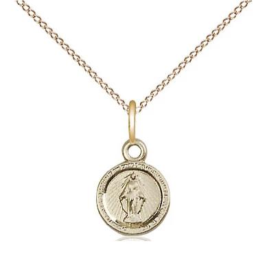 Miraculous Medal Necklace - 14K Gold - 3/8 Inch Tall by 1/4 Inch Wide with 18" Chain