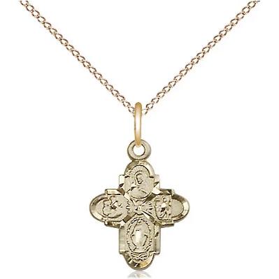 4 Way Medal Necklace - 14K Gold Filled - 5/8 Inch Tall by 3/8 Inch Wide with 18" Chain