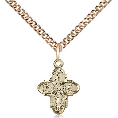 4 Way Medal Necklace - 14K Gold Filled - 5/8 Inch Tall by 3/8 Inch Wide with 24" Chain