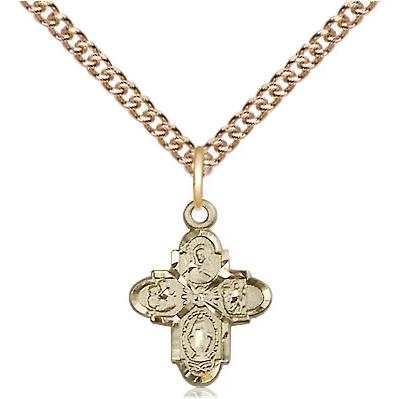 4 Way Medal Necklace - 14K Gold - 5/8 Inch Tall by 3/8 Inch Wide with 24" Chain