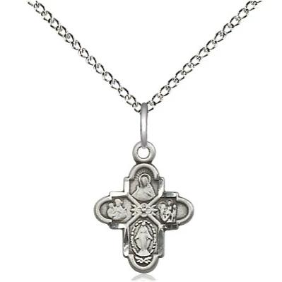 4 Way Medal Necklace - Sterling Silver - 5/8 Inch Tall by 3/8 Inch Wide with 18" Chain