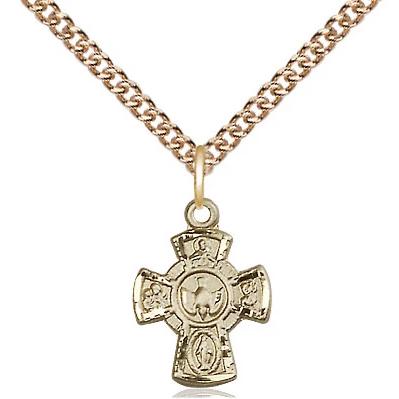5 Way Medal Necklace - 14K Gold Filled - 5/8 Inch Tall by 3/8 Inch Wide with 24" Chain