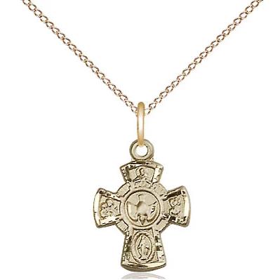 5 Way Medal Necklace - 14K Gold - 5/8 Inch Tall by 3/8 Inch Wide with 18" Chain