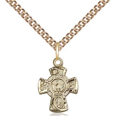 5 Way Medal Necklace - 14K Gold - 5/8 Inch Tall by 3/8 Inch Wide with 24" Chain