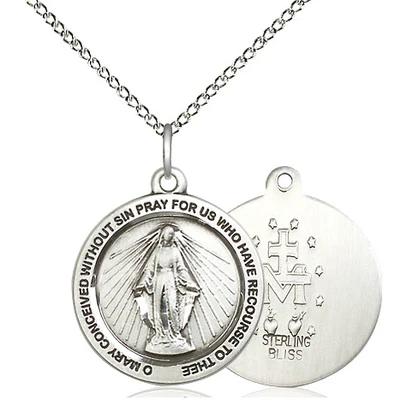 Miraculous Medal Necklace - Sterling Silver - 3/4 Inch Tall by 3/4 Inch Wide with 18" Chain