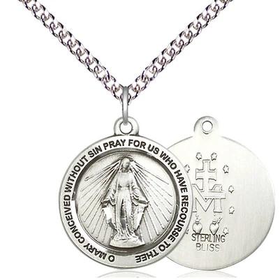 Miraculous Medal Necklace - Sterling Silver - 3/4 Inch Tall by 3/4 Inch Wide with 24" Chain