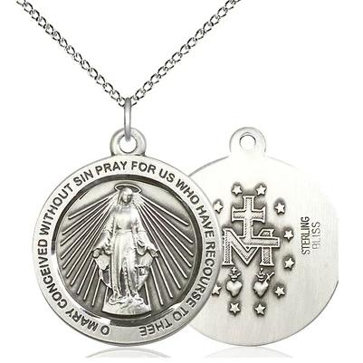 Miraculous Medal Necklace - Sterling Silver - 1 Inch Tall by 7/8 Inch Wide with 18" Chain