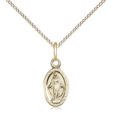 Miraculous Medal Necklace - 14K Gold - 1/2 Inch Tall by 1/4 Inch Wide with 18" Chain