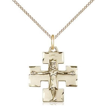Modern Crucifix Medal Necklace - 14K Gold - 3/4 Inch Tall x 5/8 Inch Wide with 18" Chain