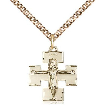 Modern Crucifix Medal Necklace - 14K Gold - 3/4 Inch Tall x 5/8 Inch Wide with 24" Chain