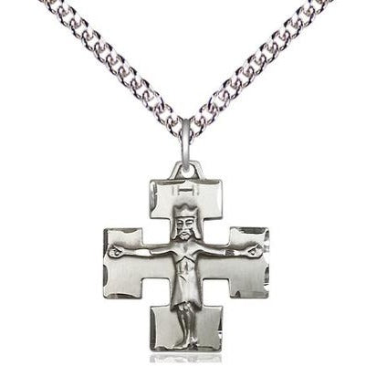 Modern Crucifix Medal Necklace - Sterling Silver - 3/4 Inch Tall x 5/8 Inch Wide with 24" Chain