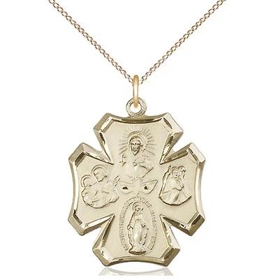 4 Way Medal Necklace - 14K Gold - 1 Inch Tall by 7/8 Inch Wide with 18" Chain