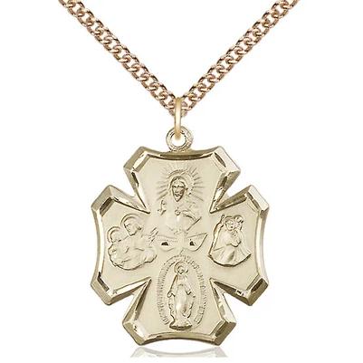 4 Way Medal Necklace - 14K Gold - 1 Inch Tall by 7/8 Inch Wide with 24" Chain