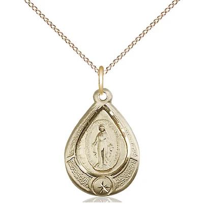 Miraculous Medal Necklace - 14K Gold - 3/4 Inch Tall by 1/2 Inch Wide with 18" Chain