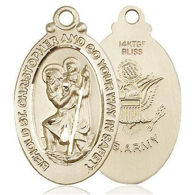St. Christopher Army Medal Necklace - 14K Gold Filled - 1-1/8 Inch Tall x 3/4 Inch Wide with 18" Chain