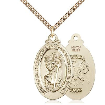 St. Christopher National Guard Medal Necklace - 14K Gold Filled - 1-1/8 Inch Tall x 3/4 Inch Wide with 24" Chain
