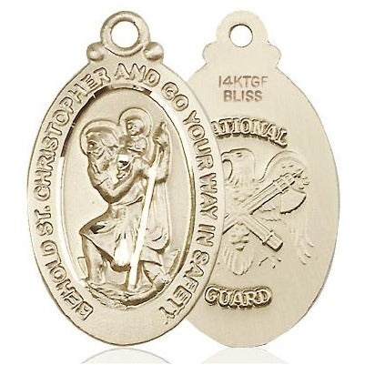 St. Christopher National Guard Medal Necklace - 14K Gold Filled - 1-1/8 Inch Tall x 3/4 Inch Wide with 24" Chain