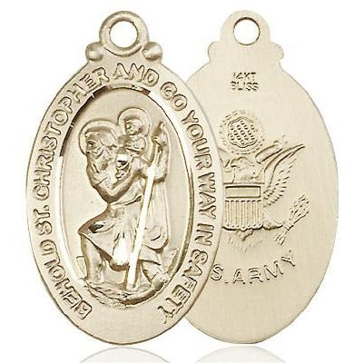 St. Christopher Army Medal - 14K Gold - 1-1/8 Inch Tall x 3/4 Inch Wide
