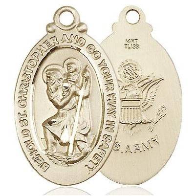 St. Christopher Army Medal Necklace - 14K Gold - 1-1/8 Inch Tall x 3/4 Inch Wide with 24" Chain