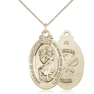 St. Christopher National Guard Medal Necklace - 14K Gold - 1-1/8 Inch Tall x 3/4 Inch Wide with 18" Chain