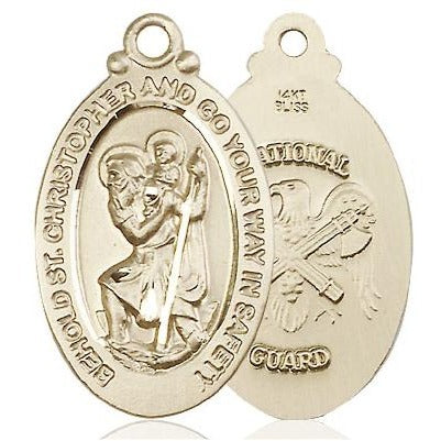 St. Christopher National Guard Medal Necklace - 14K Gold - 1-1/8 Inch Tall x 3/4 Inch Wide with 24" Chain