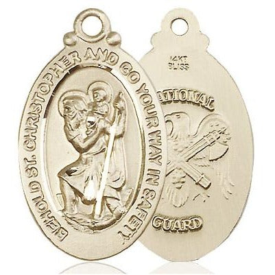 St. Christopher National Guard Medal Necklace - 14K Gold - 1-1/8 Inch Tall x 3/4 Inch Wide with 18" Chain