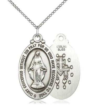Miraculous Medal Necklace - Sterling Silver - 1-1/8 Inch Tall by 5/8 Inch Wide with 18" Chain