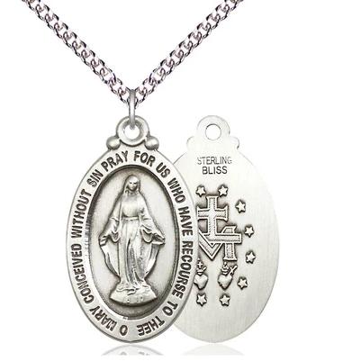 Miraculous Medal Necklace - Sterling Silver - 1-1/8 Inch Tall by 5/8 Inch Wide with 24" Chain