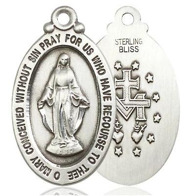 Miraculous Medal Necklace - Sterling Silver - 1-1/8 Inch Tall by 5/8 Inch Wide with 18" Chain