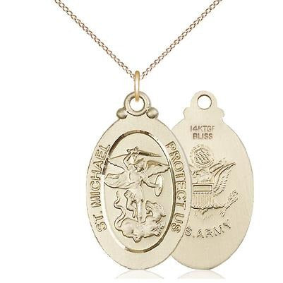 St. Michael Army Medal Necklace - 14K Gold Filled - 1-1/8 Inch Tall x 5/8 Inch Wide with 18" Chain