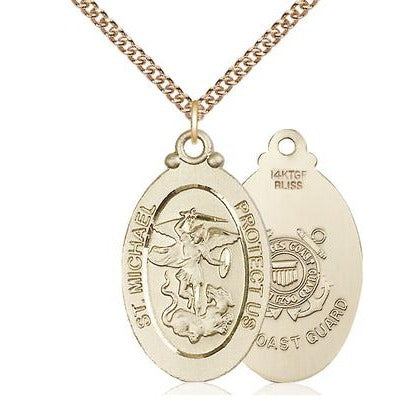 St. Michael Coast Guard Medal Necklace - 14K Gold Filled - 1-1/8 Inch Tall x 5/8 Inch Wide with 24" Chain