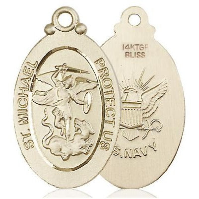 St. Michael Navy Medal Necklace - 14K Gold Filled - 1-1/8 Inch Tall x 5/8 Inch Wide with 24" Chain
