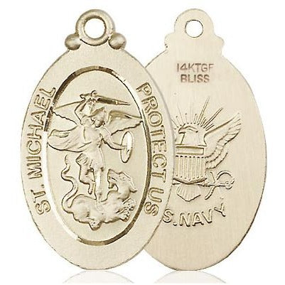 St. Michael Navy Medal Necklace - 14K Gold Filled - 1-1/8 Inch Tall x 5/8 Inch Wide with 18" Chain