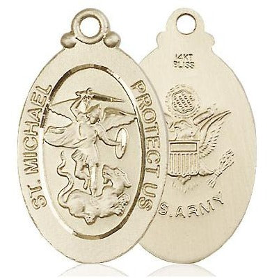 St. Michael Army Medal Necklace - 14K Gold - 1-1/8 Inch Tall x 5/8 Inch Wide with 18" Chain