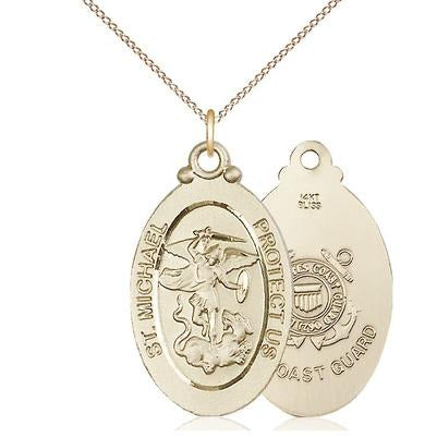 St. Michael Coast Guard Medal Necklace - 14K Gold - 1-1/8 Inch Tall x 5/8 Inch Wide with 18" Chain