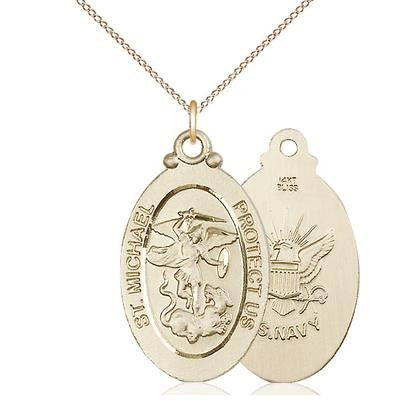 St. Michael Navy Medal Necklace - 14K Gold - 1-1/8 Inch Tall x 5/8 Inch Wide with 18" Chain