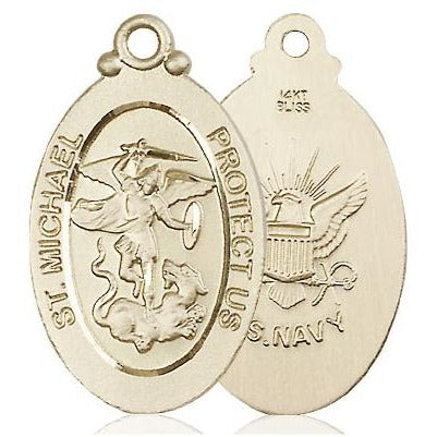 St. Michael Navy Medal Necklace - 14K Gold - 1-1/8 Inch Tall x 5/8 Inch Wide with 18" Chain