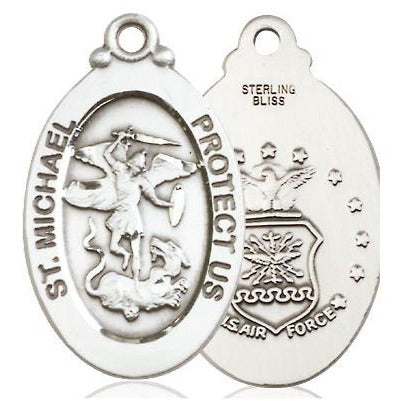 St. Michael Air Force Medal Necklace - Sterling Silver - 1-1/8 Inch Tall x 5/8 Inch Wide with 24" Chain
