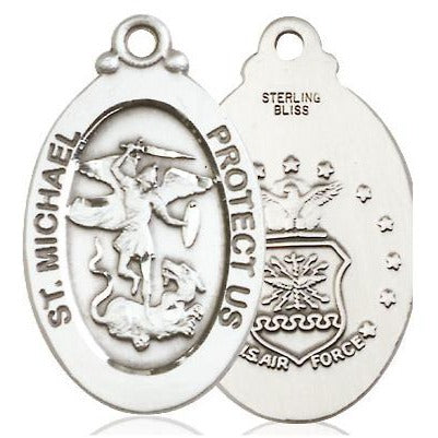 St. Michael Air Force Medal Necklace - Sterling Silver - 1-1/8 Inch Tall x 5/8 Inch Wide with 18" Chain