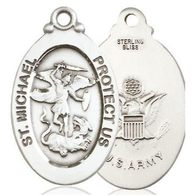 St. Michael Army Medal Necklace - Sterling Silver - 1-1/8 Inch Tall x 5/8 Inch Wide with 24" Chain