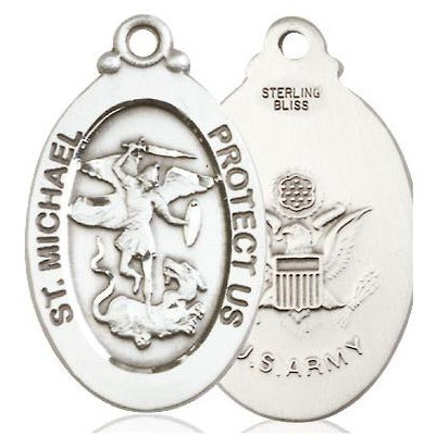 St. Michael Army Medal Necklace - Sterling Silver - 1-1/8 Inch Tall x 5/8 Inch Wide with 18" Chain