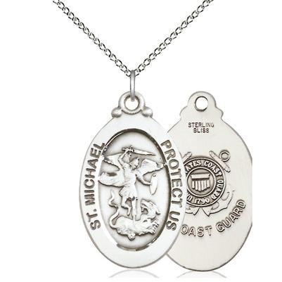 St. Michael Coast Guard Medal Necklace - Sterling Silver - 1-1/8 Inch Tall x 5/8 Inch Wide with 18" Chain