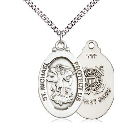 St. Michael Coast Guard Medal Necklace - Sterling Silver - 1-1/8 Inch Tall x 5/8 Inch Wide with 24" Chain