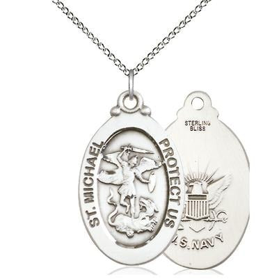 St. Michael Navy Medal Necklace - Sterling Silver - 1-1/8 Inch Tall x 5/8 Inch Wide with 18" Chain